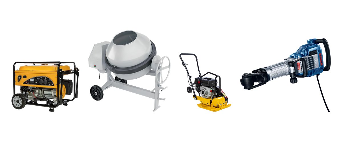 Equipamentos da Linha Leve: gerador, betoneira, placa vibratória e martelete